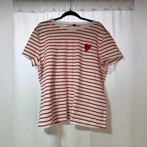 SHEIN Red and White Striped Tee with Heart Detail